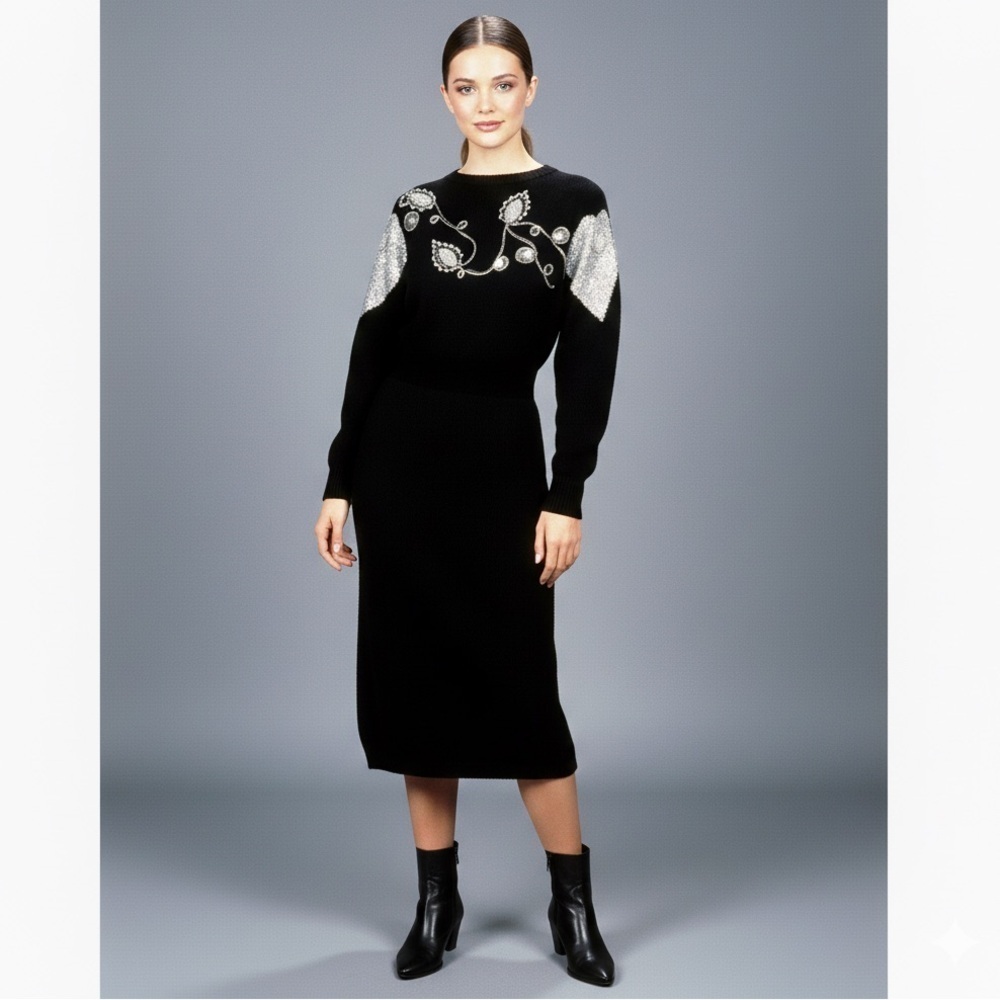 Vintage 80s Black Beaded Silk Angora Long Sweater Dress - Medium, w/ tags! 🧶